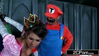 Brunette fucked by 2 mario bros