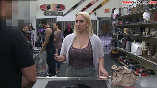 Curvy blonde milf with big tits gets fucked in the pawnshop